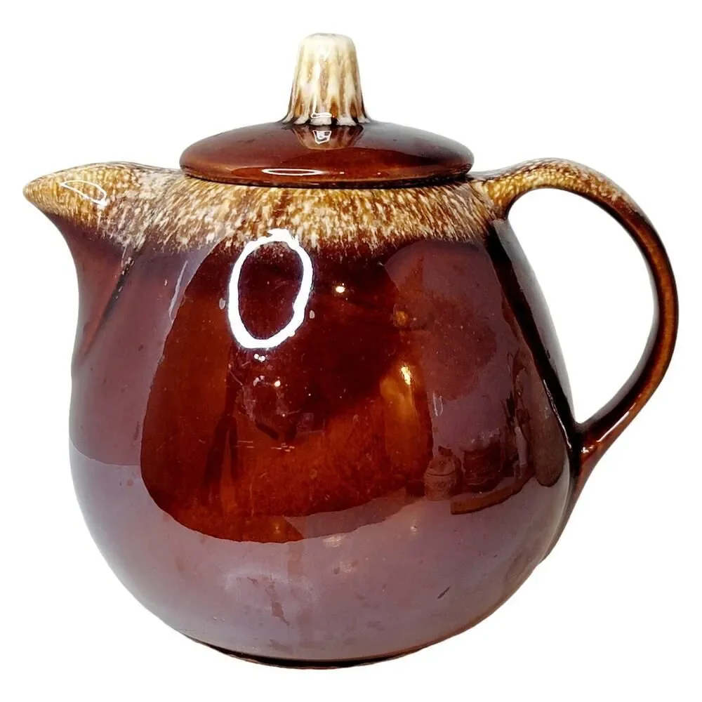 Vintage Hull Pottery Brown Drip Ball Shaped Tea Pot &‎ Lid Oven Proof USA 6 3/4
